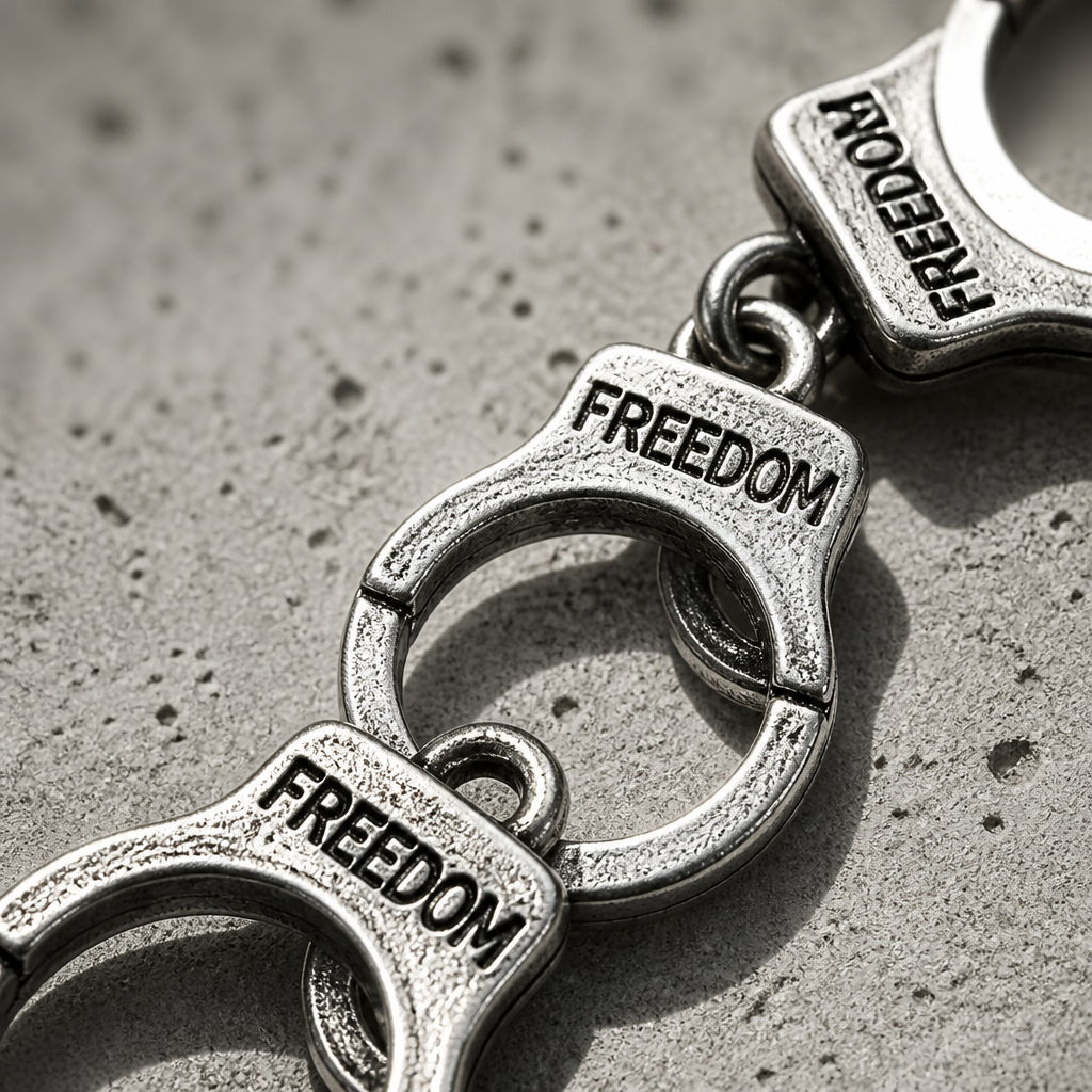 Gros plan sur les maillons menottes gravés Freedom du bracelet homme