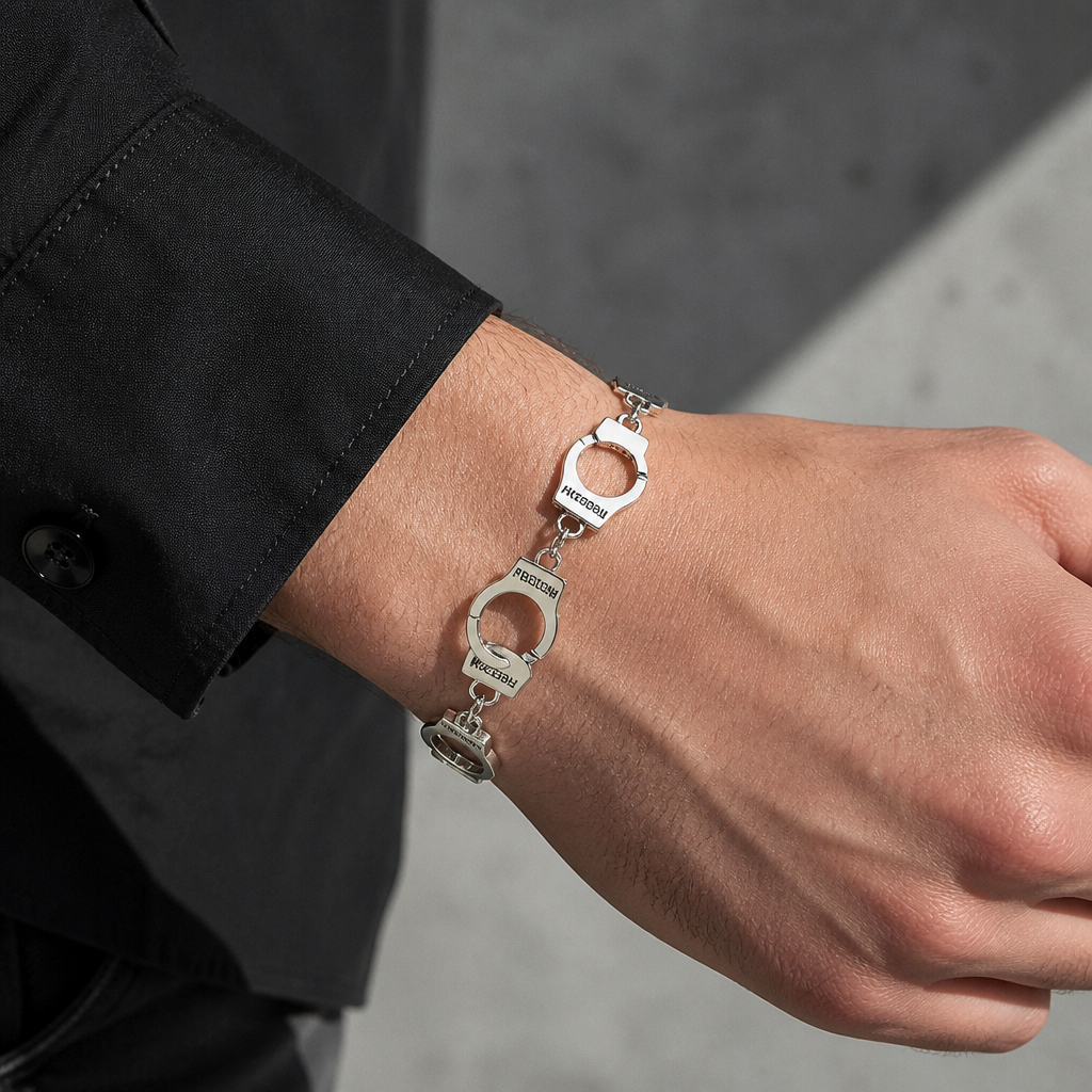 Bracelet menotte homme Freedom porté au poignet d'un homme