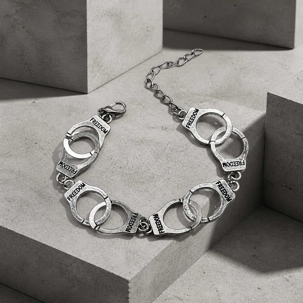 Bracelet menotte homme Freedom, chaîne de maillons argentés en forme de menottes sur béton