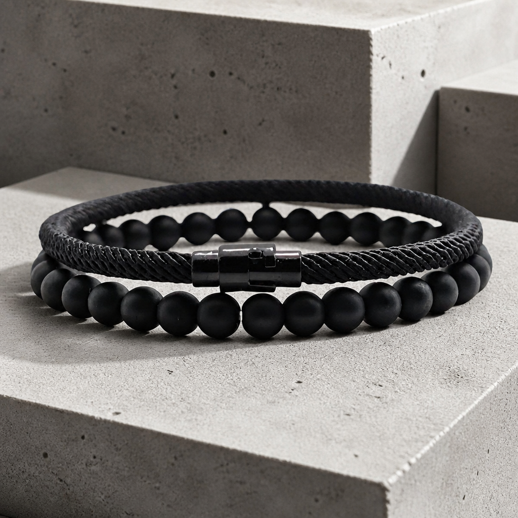 Bracelet minimaliste homme noir, cordon de nylon tressé et rang de perles mates sur béton