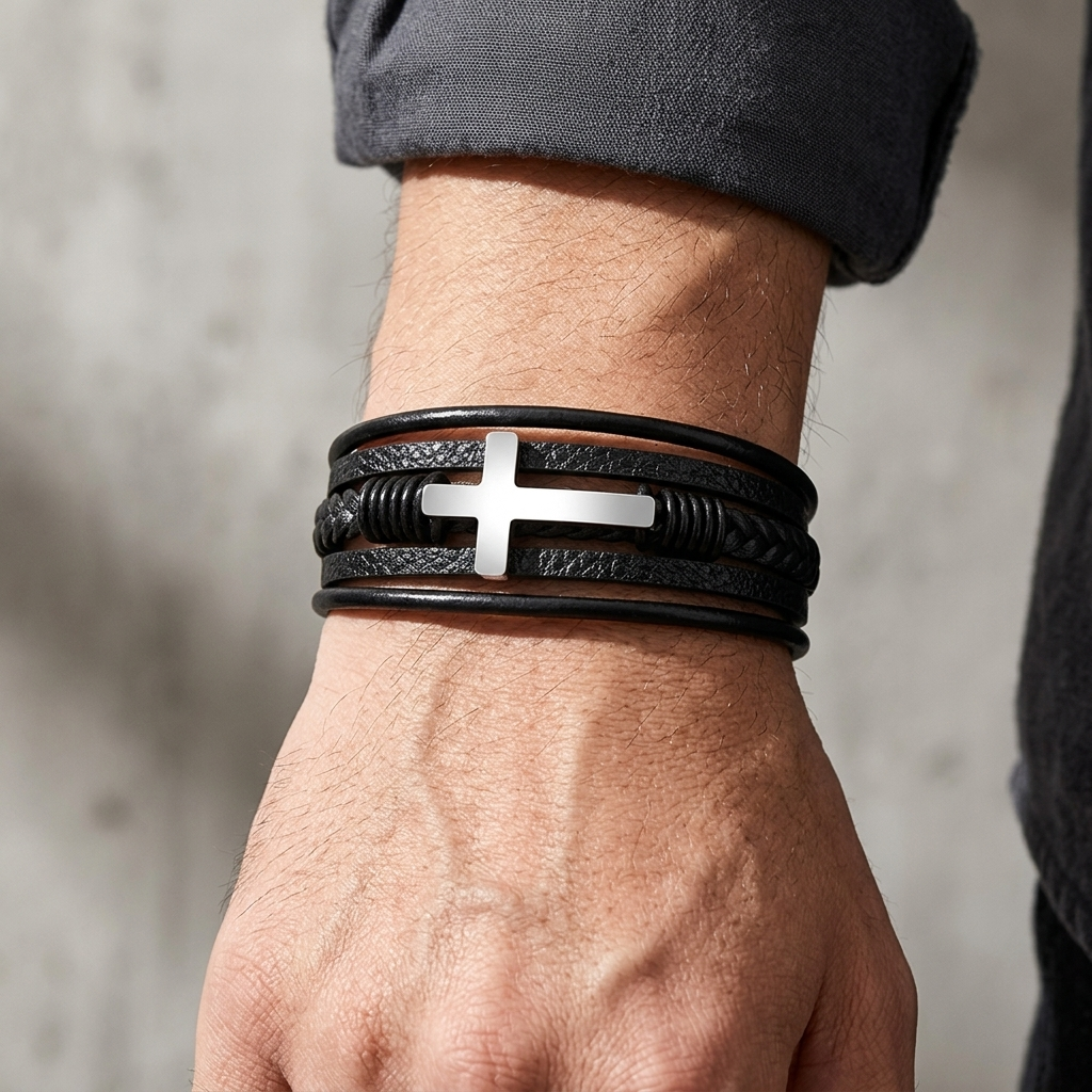 Bracelet multirang à croix argentée porté au poignet, croix centrée sur le dessus