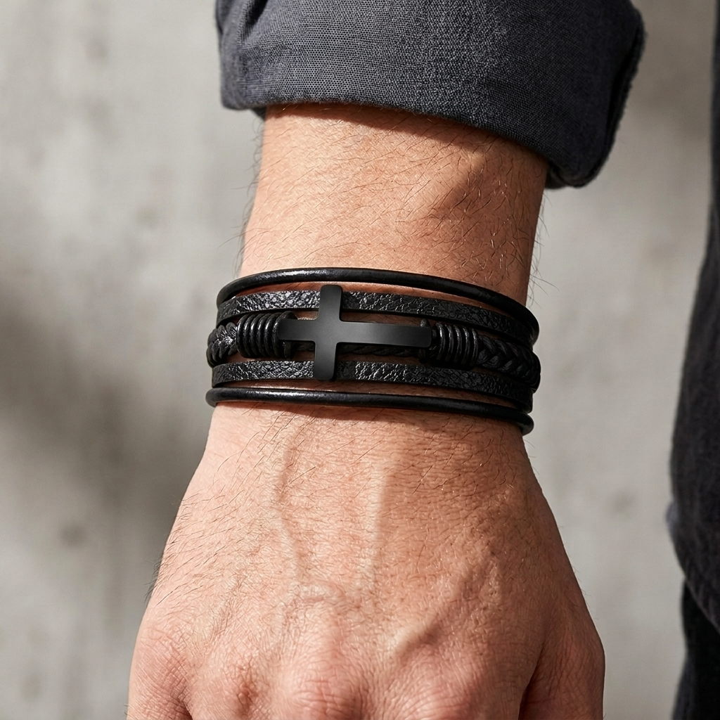 Bracelet multirang à croix noire porté au poignet, croix centrée sur le dessus