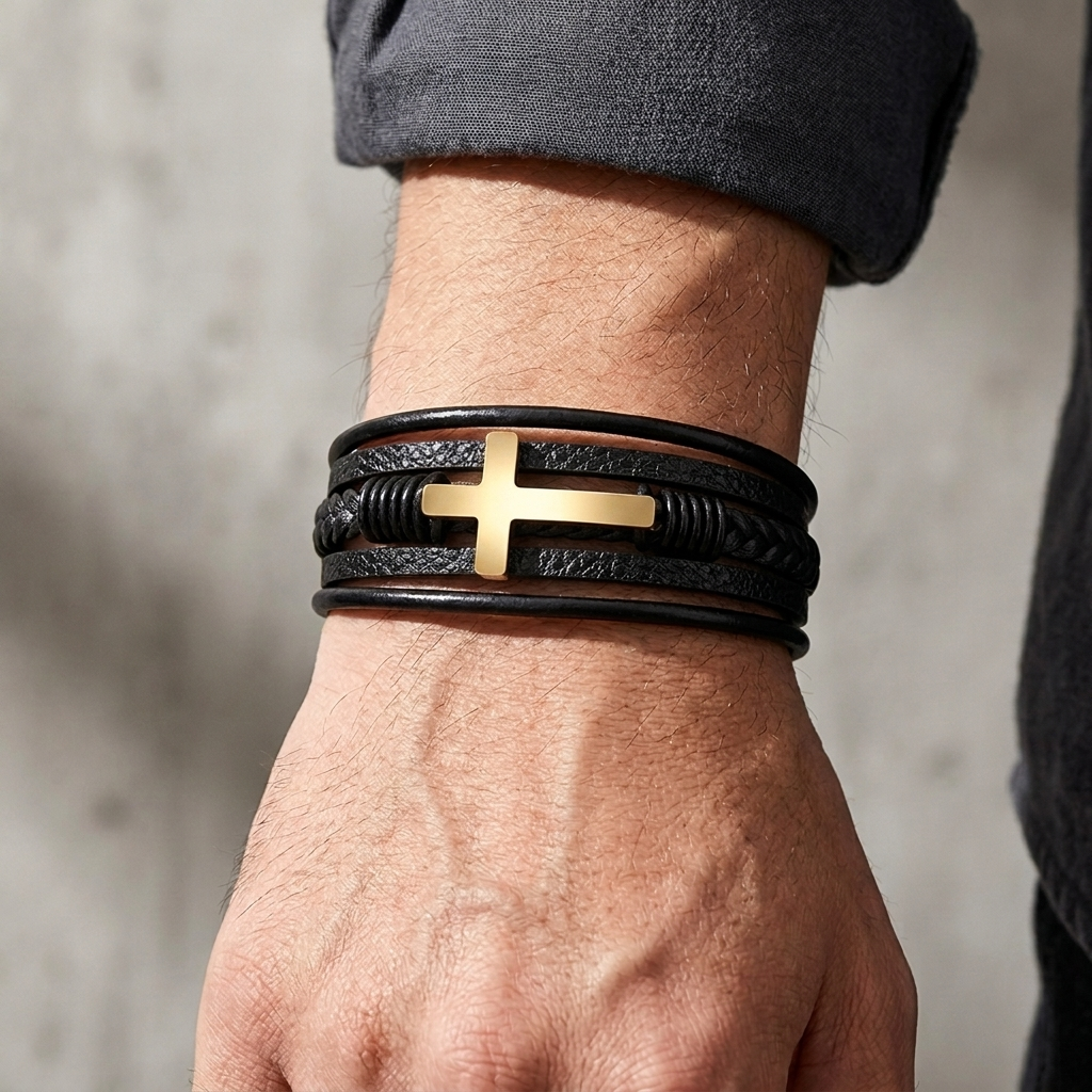 Bracelet multirang à croix dorée porté au poignet, croix centrée sur le dessus
