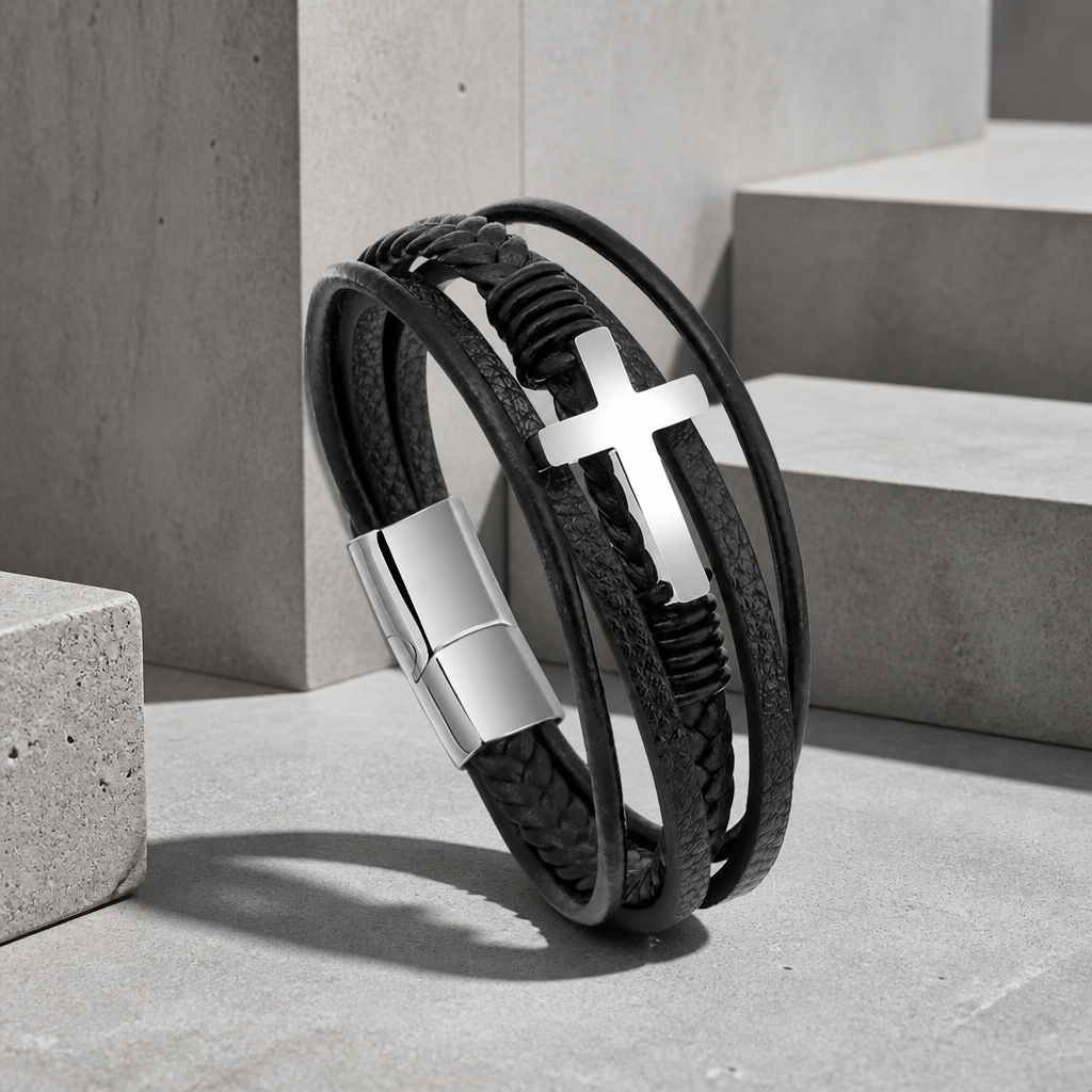 Bracelet multirang homme à quatre rangs noirs, croix et fermoir argentés