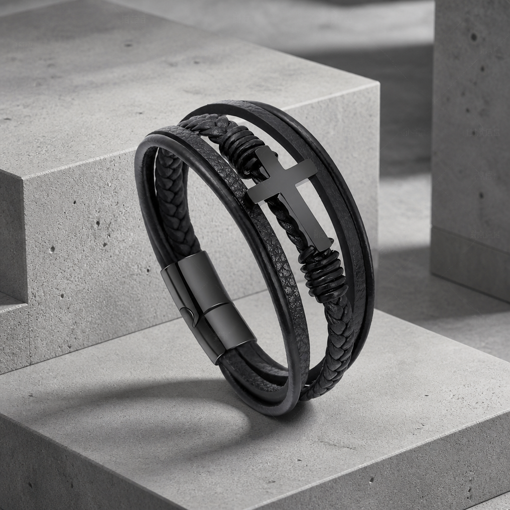 Même bracelet multirang avec croix et fermoir noirs