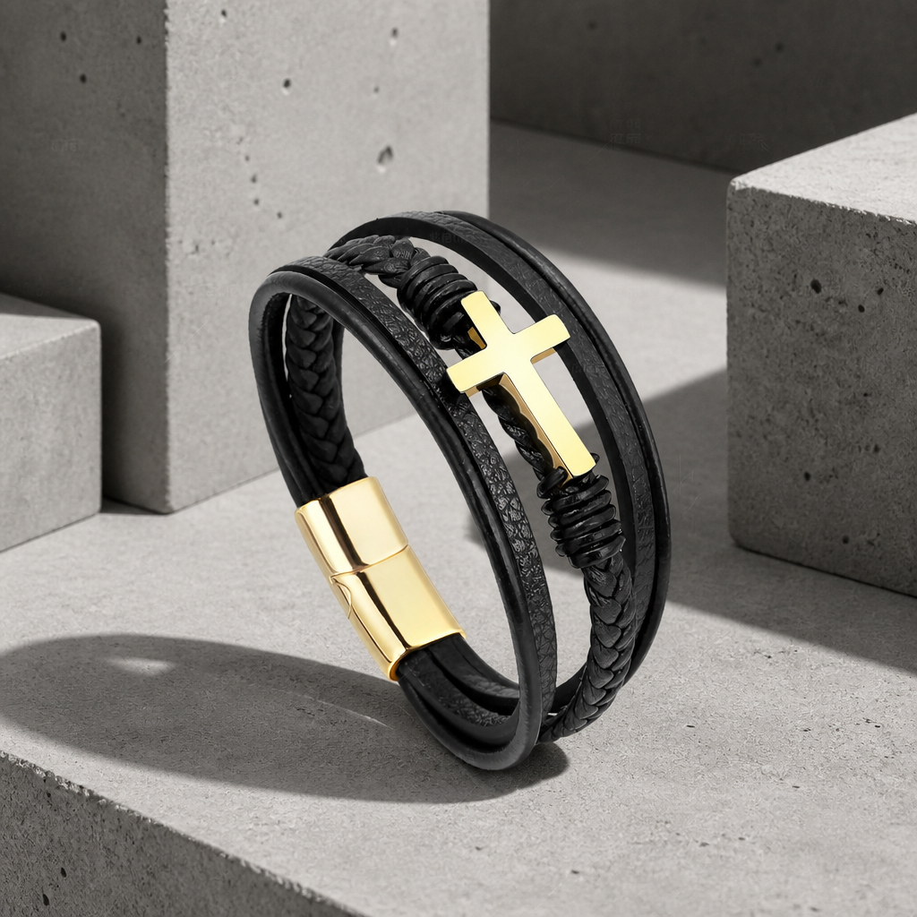 Même bracelet multirang avec croix et fermoir dorés