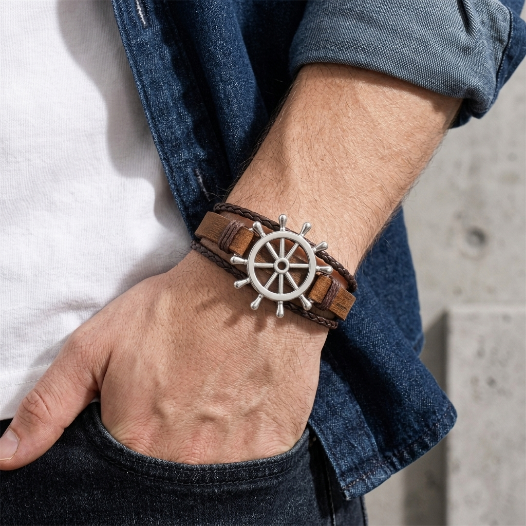 Main dans la poche, le bracelet marin visible au-dessus du jean