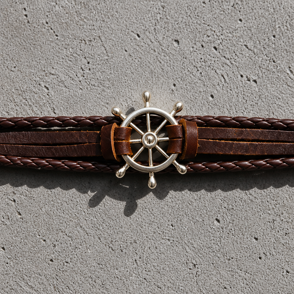 Le bracelet déployé à plat : la barre à roue tenue par deux passants de cuir
