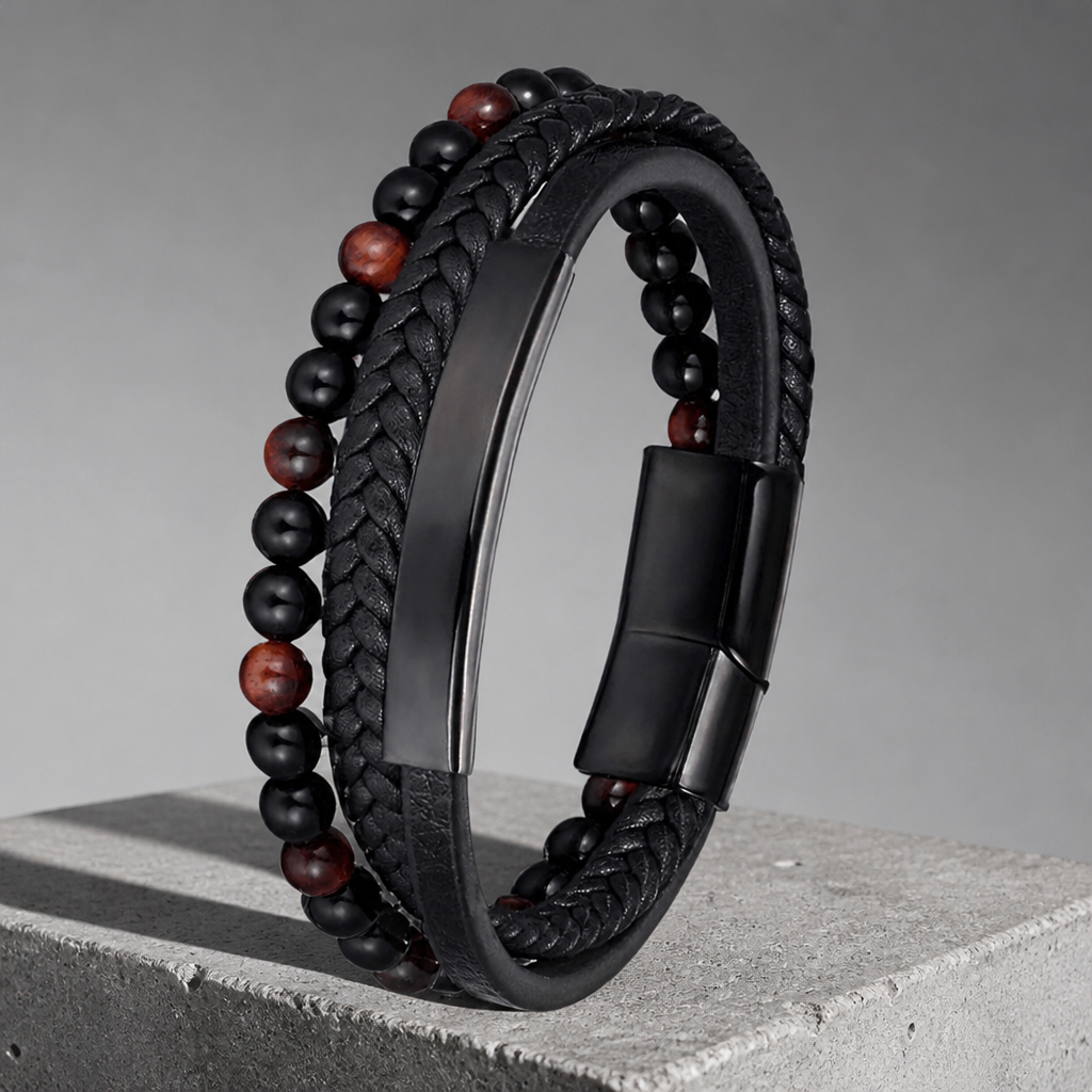 Bracelet noir homme en cuir et perles d'œil de taureau brun rouge, plaque en acier noir