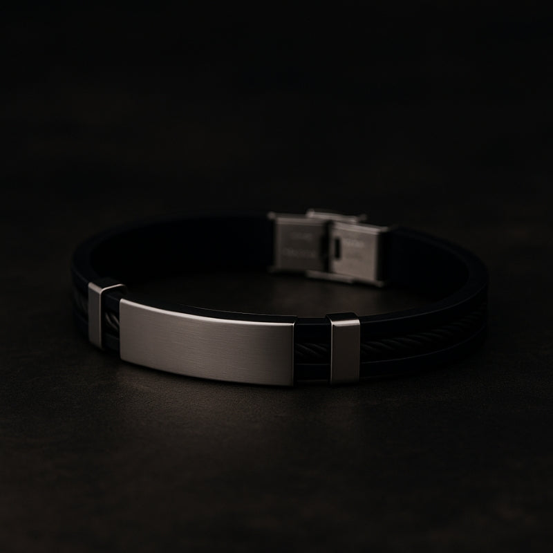 Bracelet homme noir personnalisé silicone plaque gravable acier