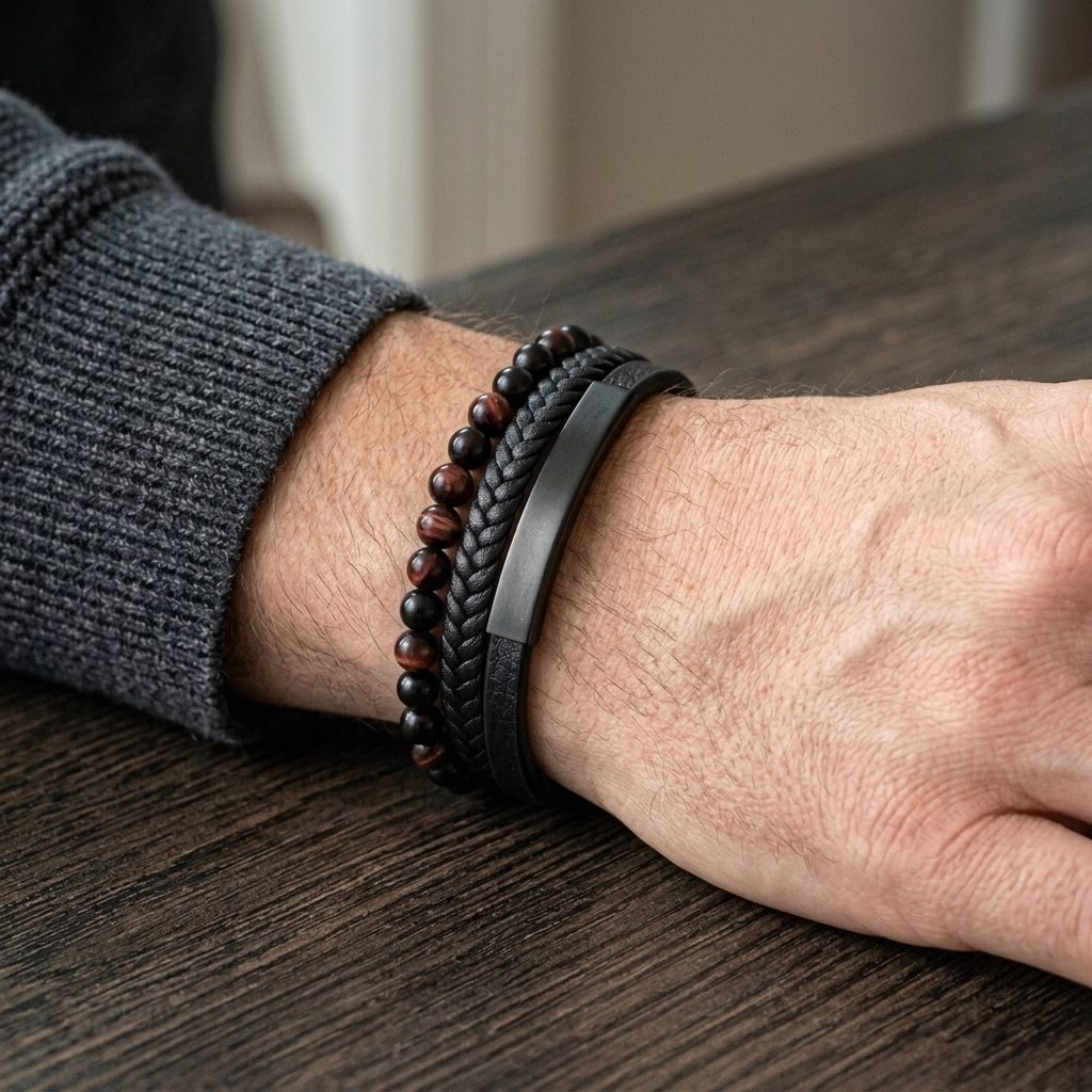 Bracelet noir homme œil de taureau porté au poignet