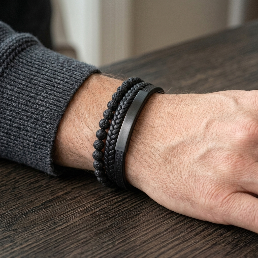 Bracelet noir homme pierre de lave porté au poignet, rendu ton sur ton