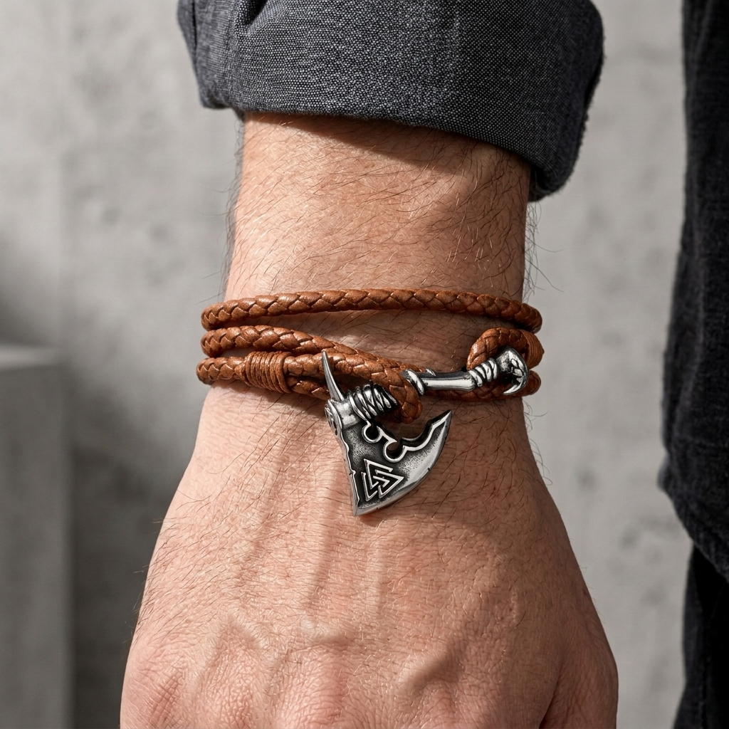 Bracelet nordique homme en cuir brun porté au poignet en deux tours