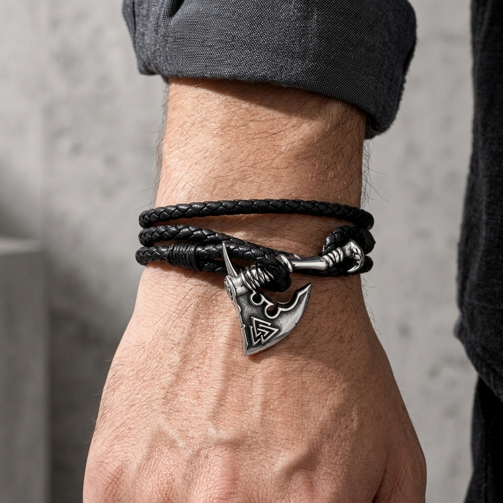 Bracelet nordique homme en cuir noir porté au poignet en deux tours