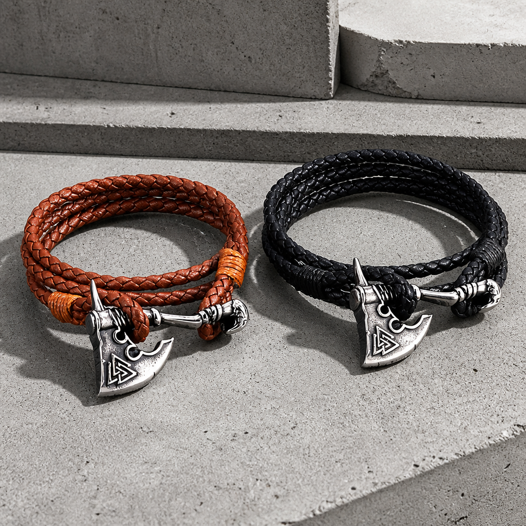 Les deux versions du bracelet nordique réunies, cuir noir et cuir brun fauve