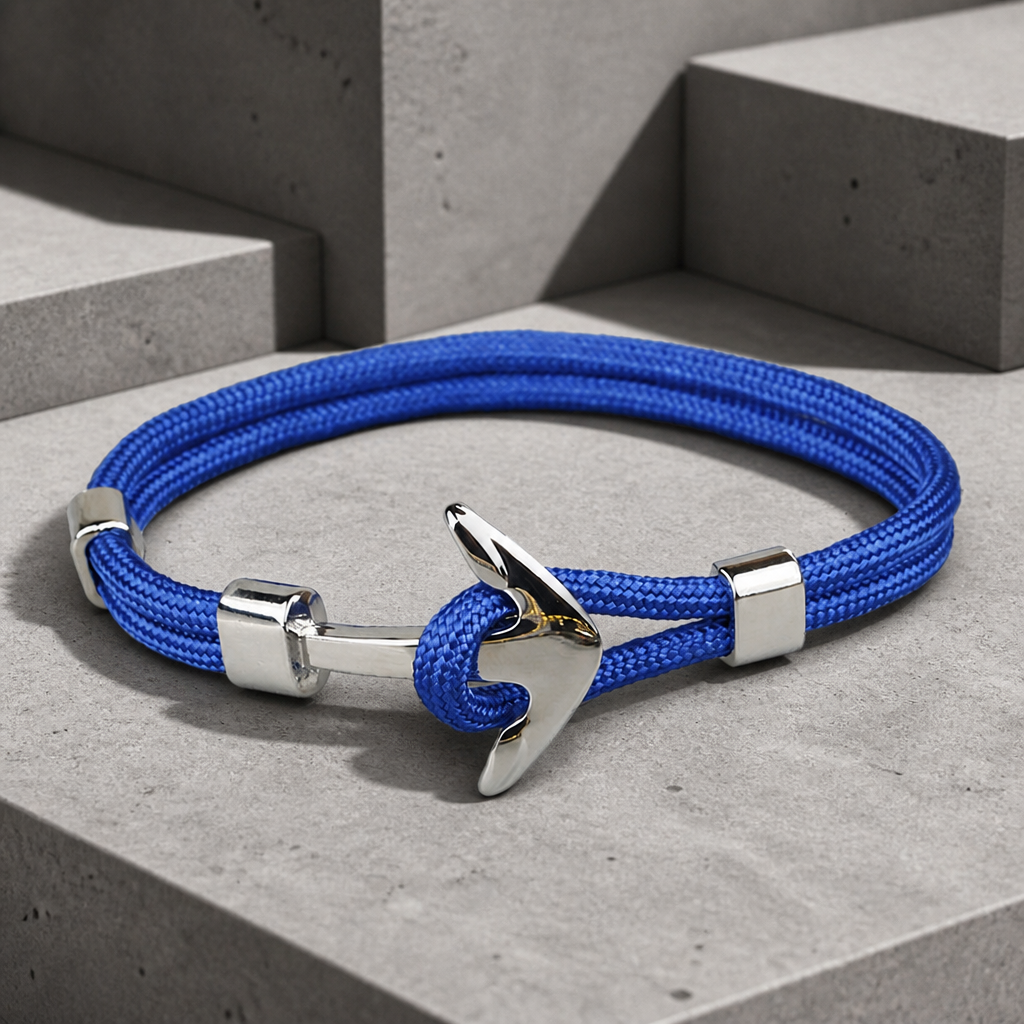 Bracelet paracorde homme à ancre argentée, corde bleue