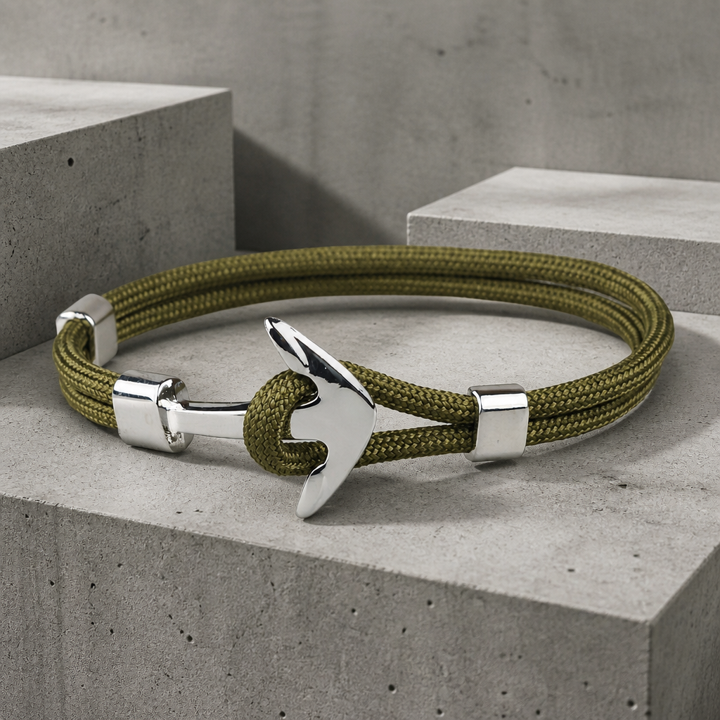 Bracelet paracorde homme à ancre argentée, corde kaki