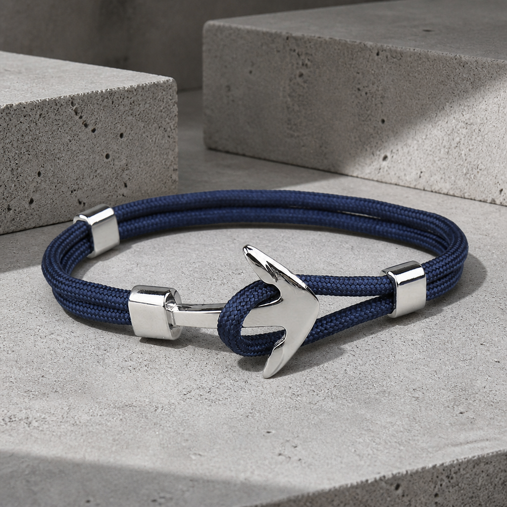 Bracelet paracorde homme à ancre argentée, corde marine