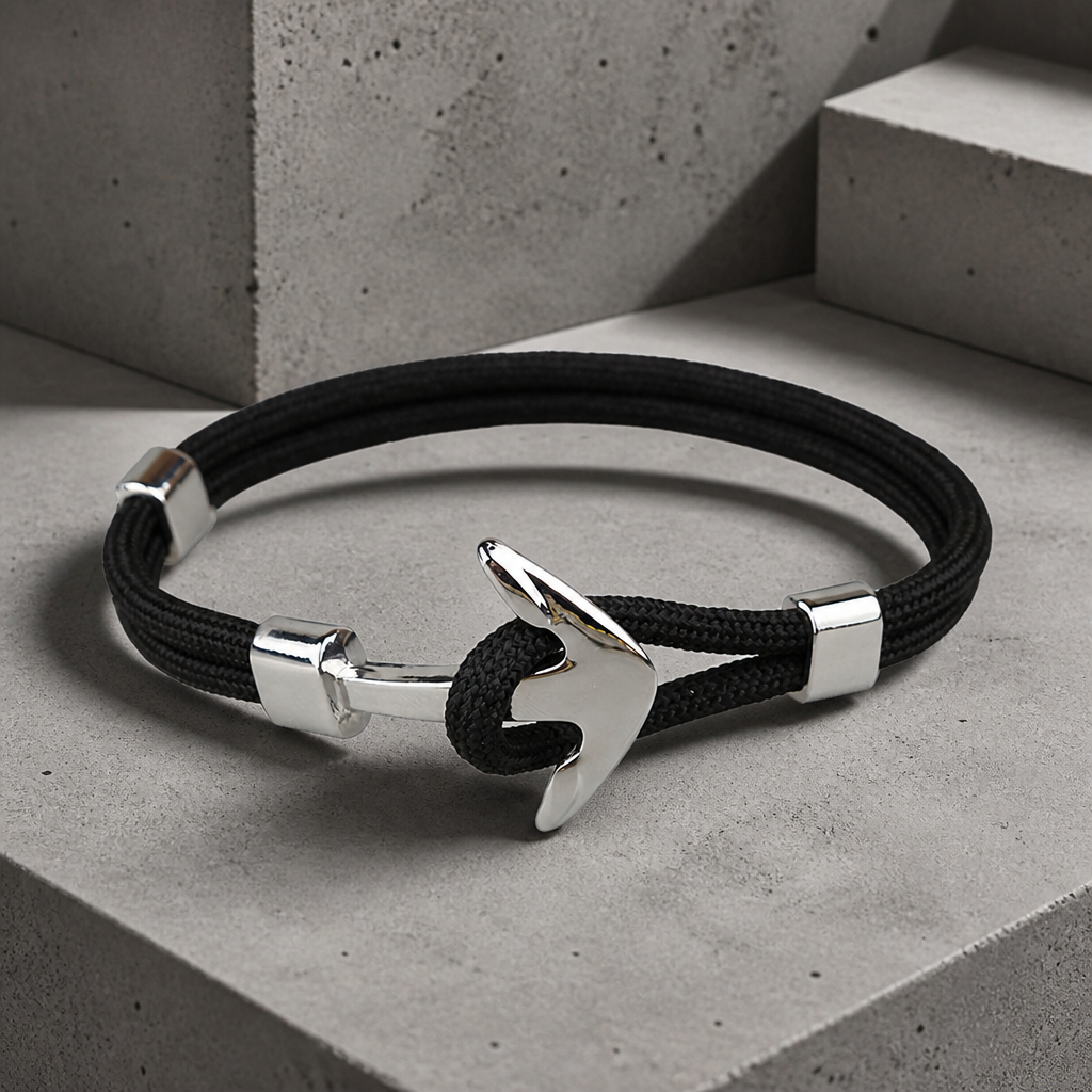Bracelet paracorde homme à ancre argentée, corde noire