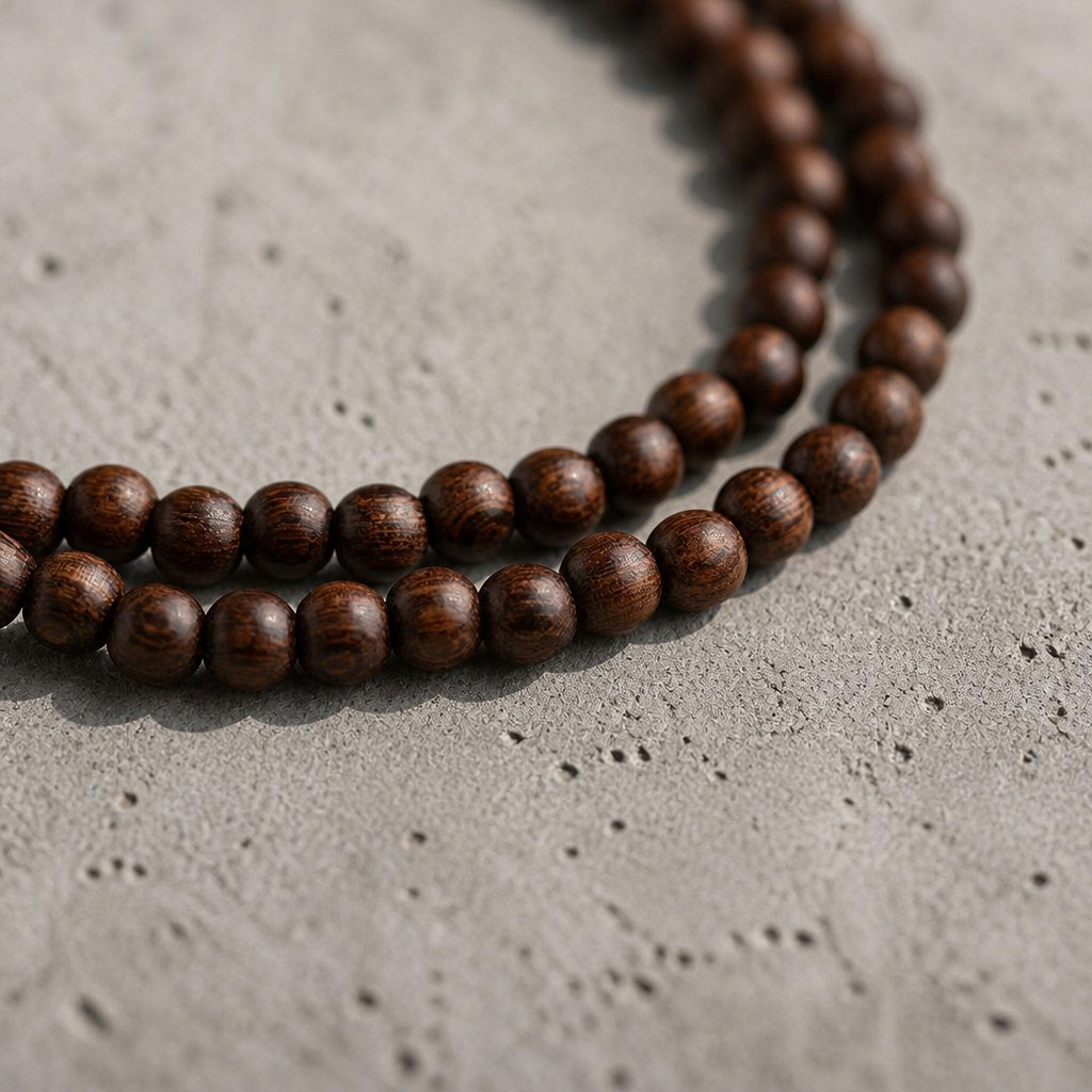 Macro des perles de bois de santal doré du bracelet homme