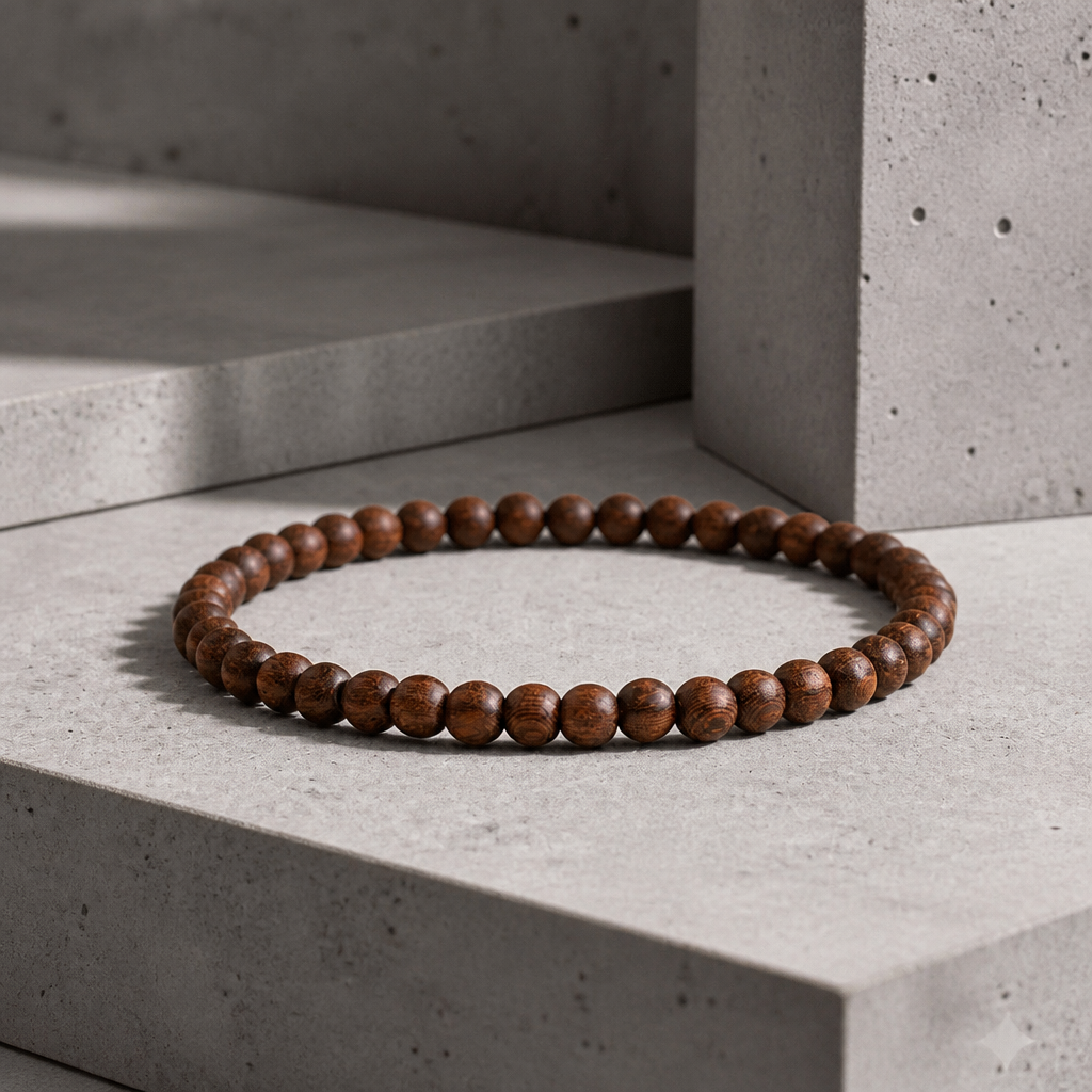 Bracelet perle bois homme en santal doré, version marron tout bois, sur béton