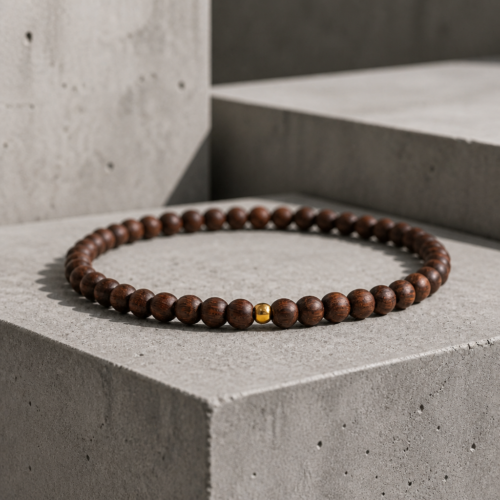 Bracelet perle bois homme en santal doré, bille centrale dorée, sur béton