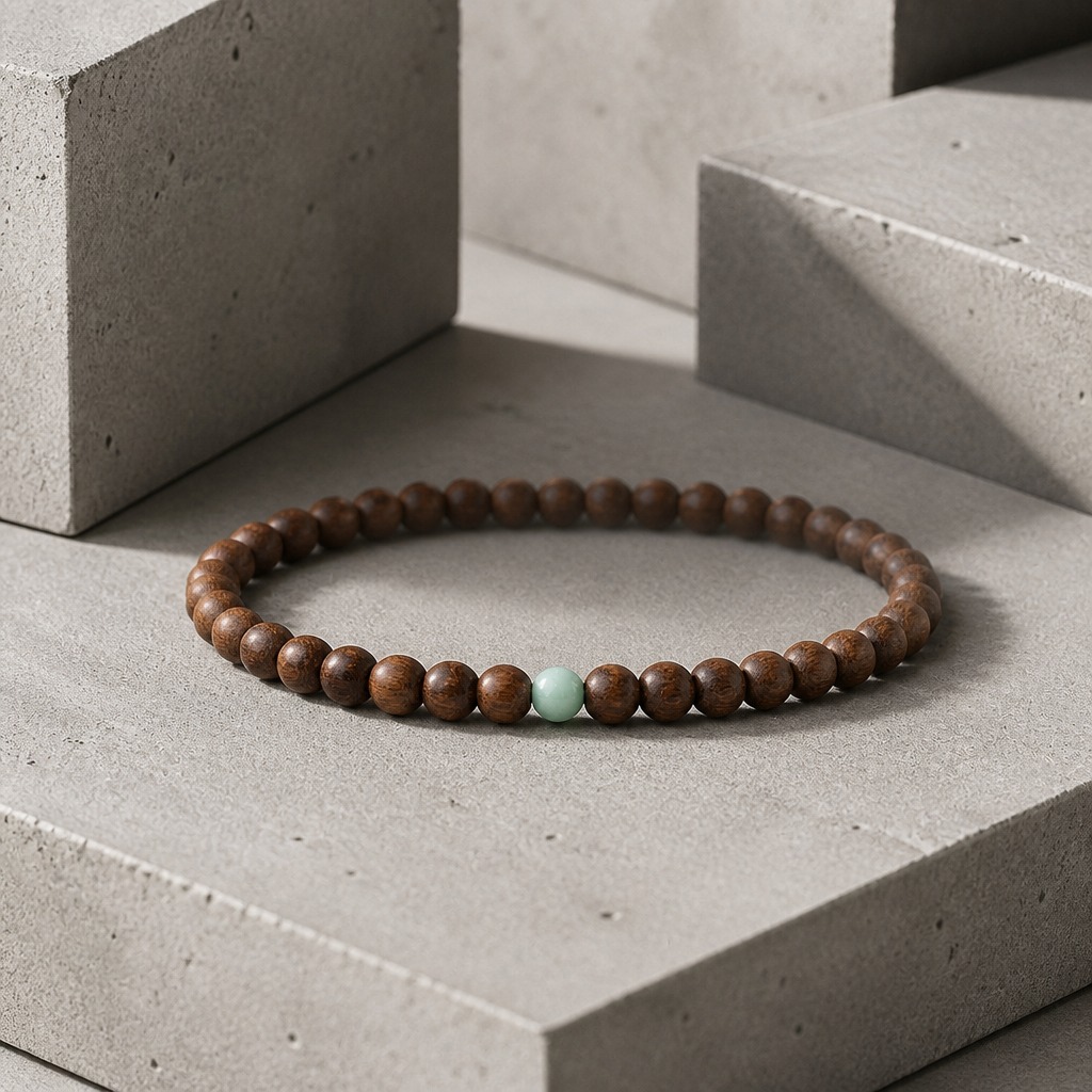 Bracelet perle bois homme en santal doré, bille centrale verte, posé sur béton