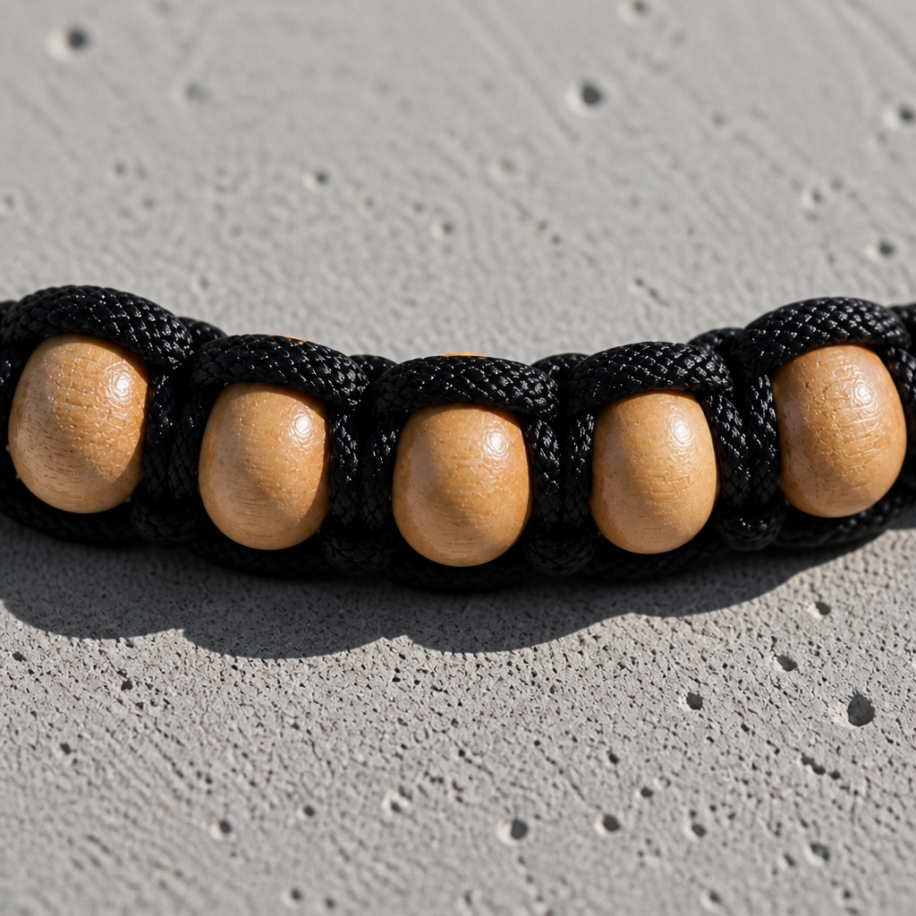 Perles claires du bracelet perle croix homme, chacune bloquée entre deux cordons noirs noués