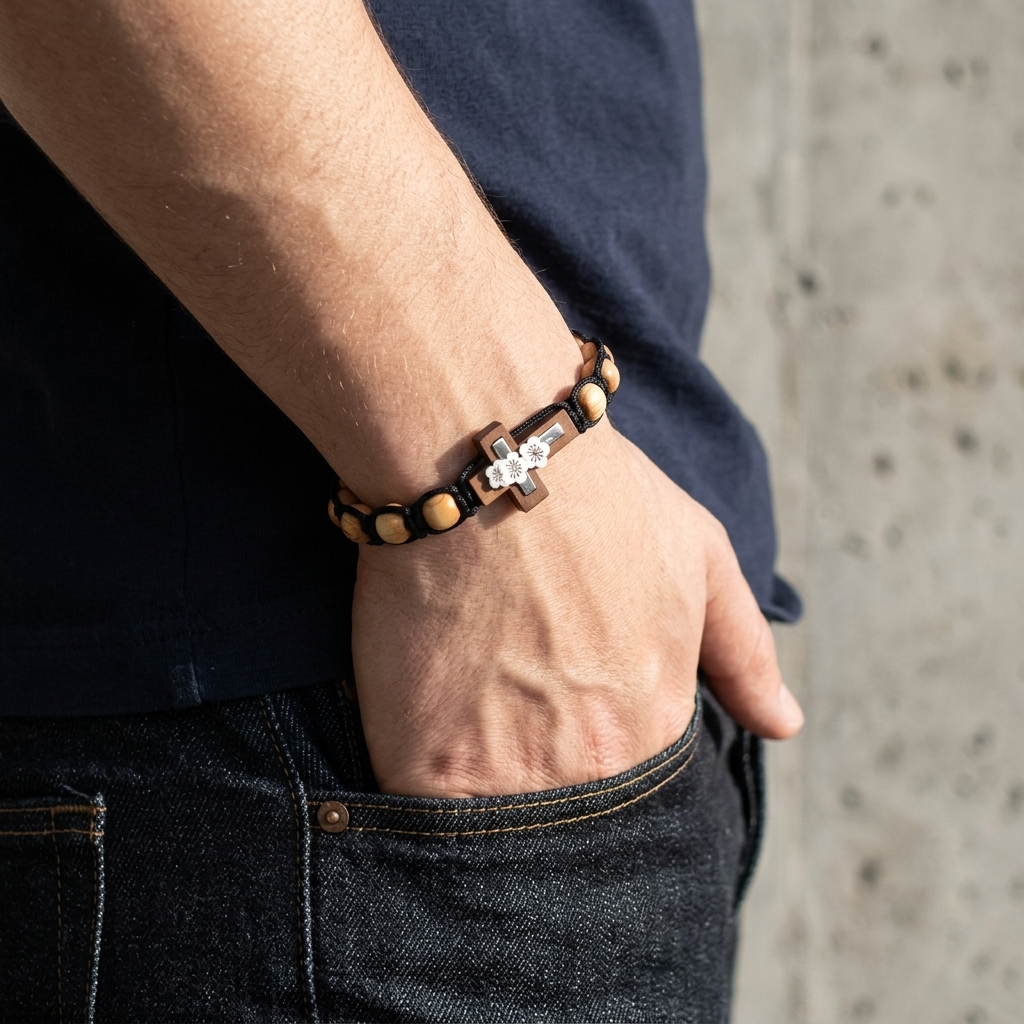Bracelet perle croix homme porté, main dans la poche d'un jean sombre