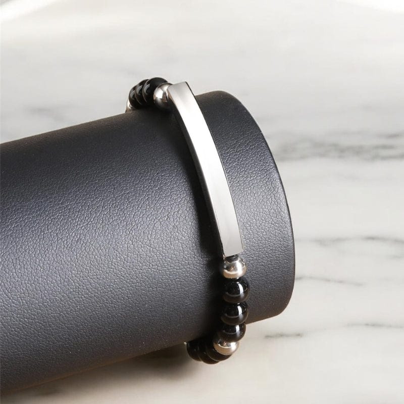 Bracelet hématite homme, perles grises métalliques et barrette acier