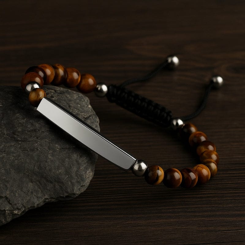 Bracelet homme perles d'œil de tigre avec barrette acier à graver