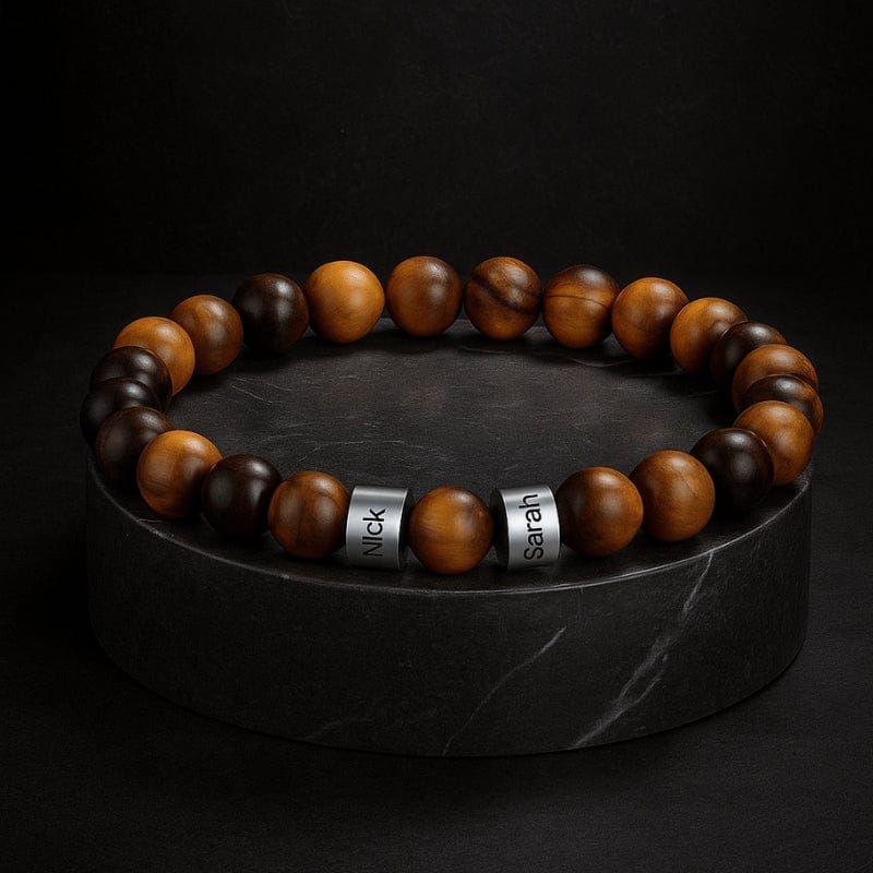 Bracelet homme perles d'œil de tigre avec bagues en acier gravées