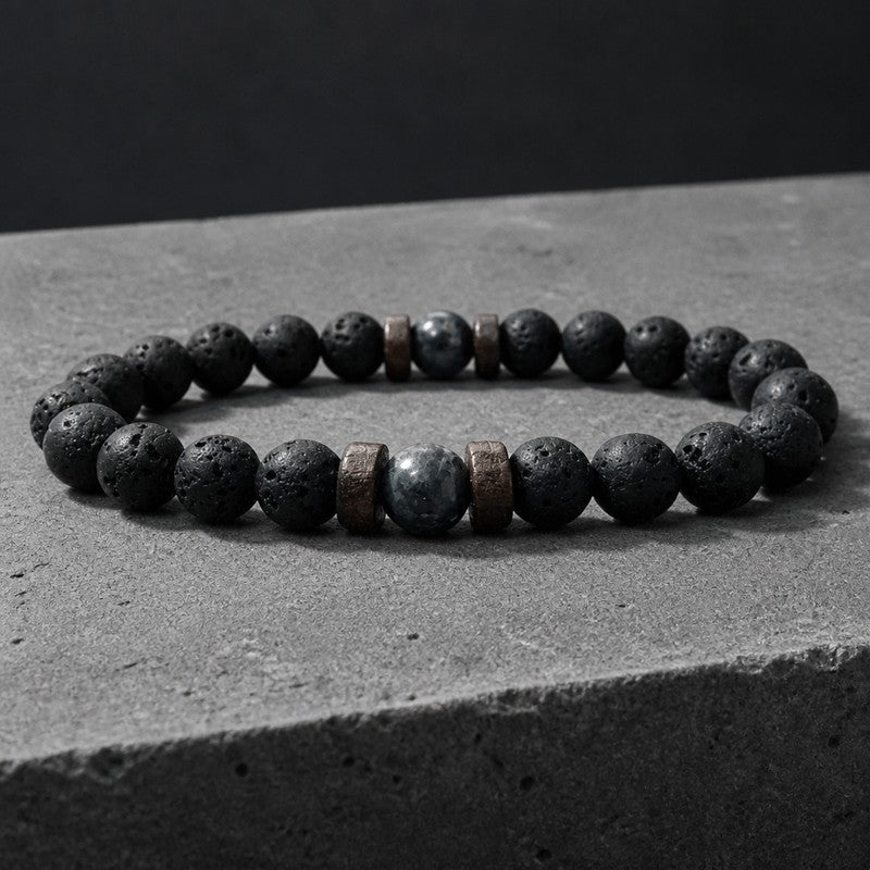 Bracelet homme en pierre de lave noire, anneaux de bois et pierre de lune