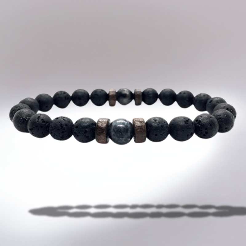 Bracelet homme en pierre de lave noire, anneaux de bois et pierre de lune