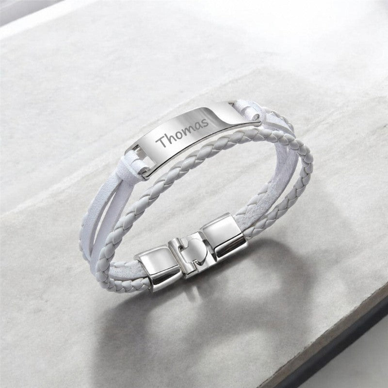 Bracelet prénom homme en similicuir blanc, plaque argentée gravée Thomas