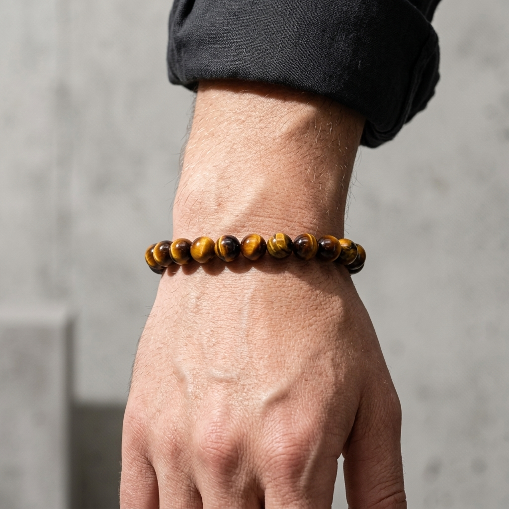 Bracelet protection homme porté au poignet, billes d'œil de tigre