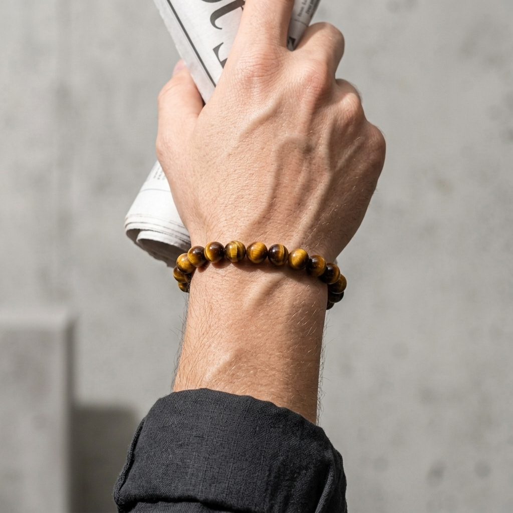 Bracelet de perles d'œil de tigre au poignet d'un homme, main levée