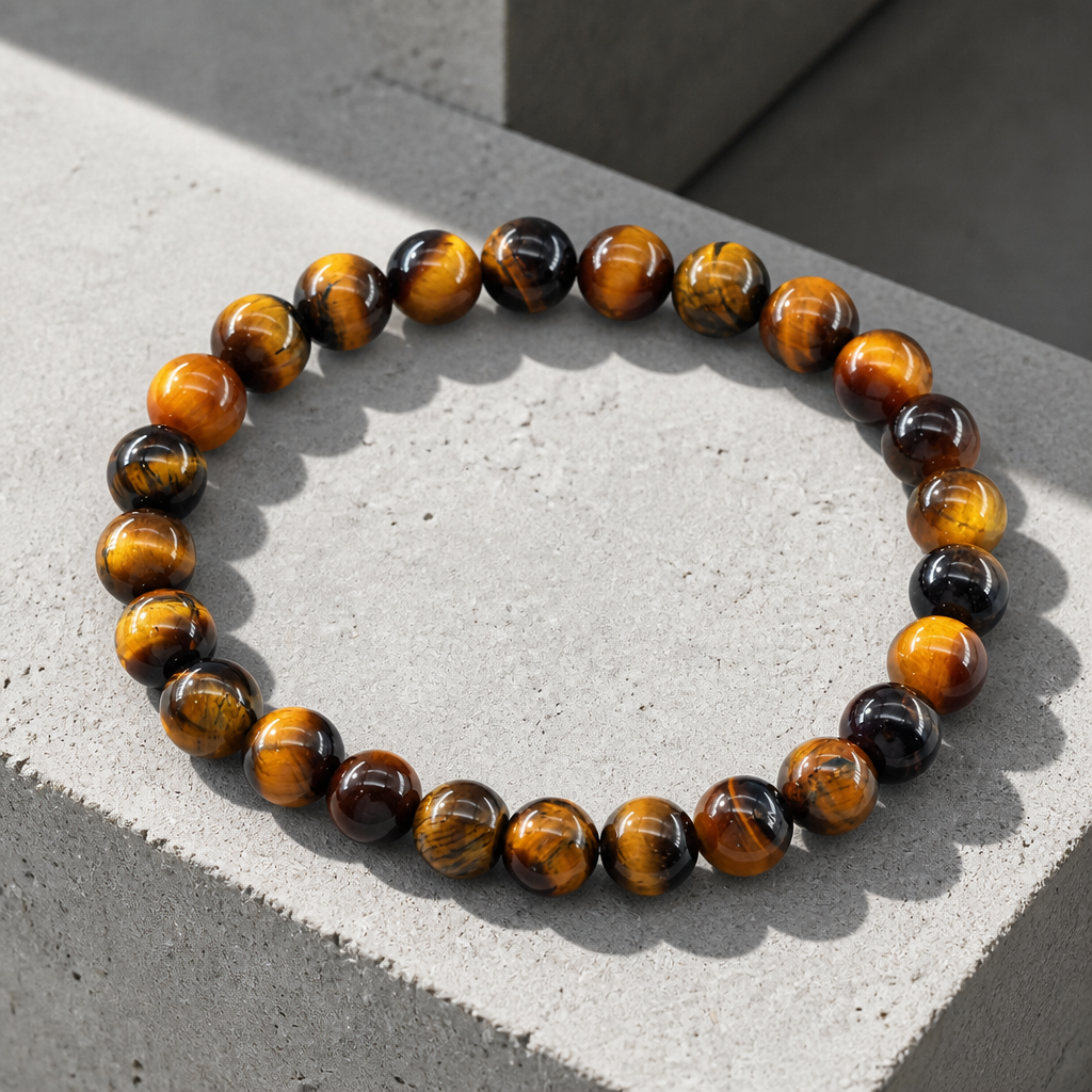 Bracelet en perles d'œil de tigre sur un bloc de béton, billes miel et brun foncé
