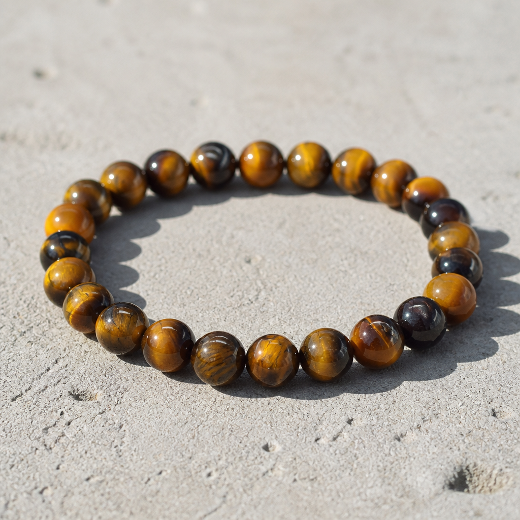 Bracelet œil de tigre vu de trois quarts, rang de billes rondes polies