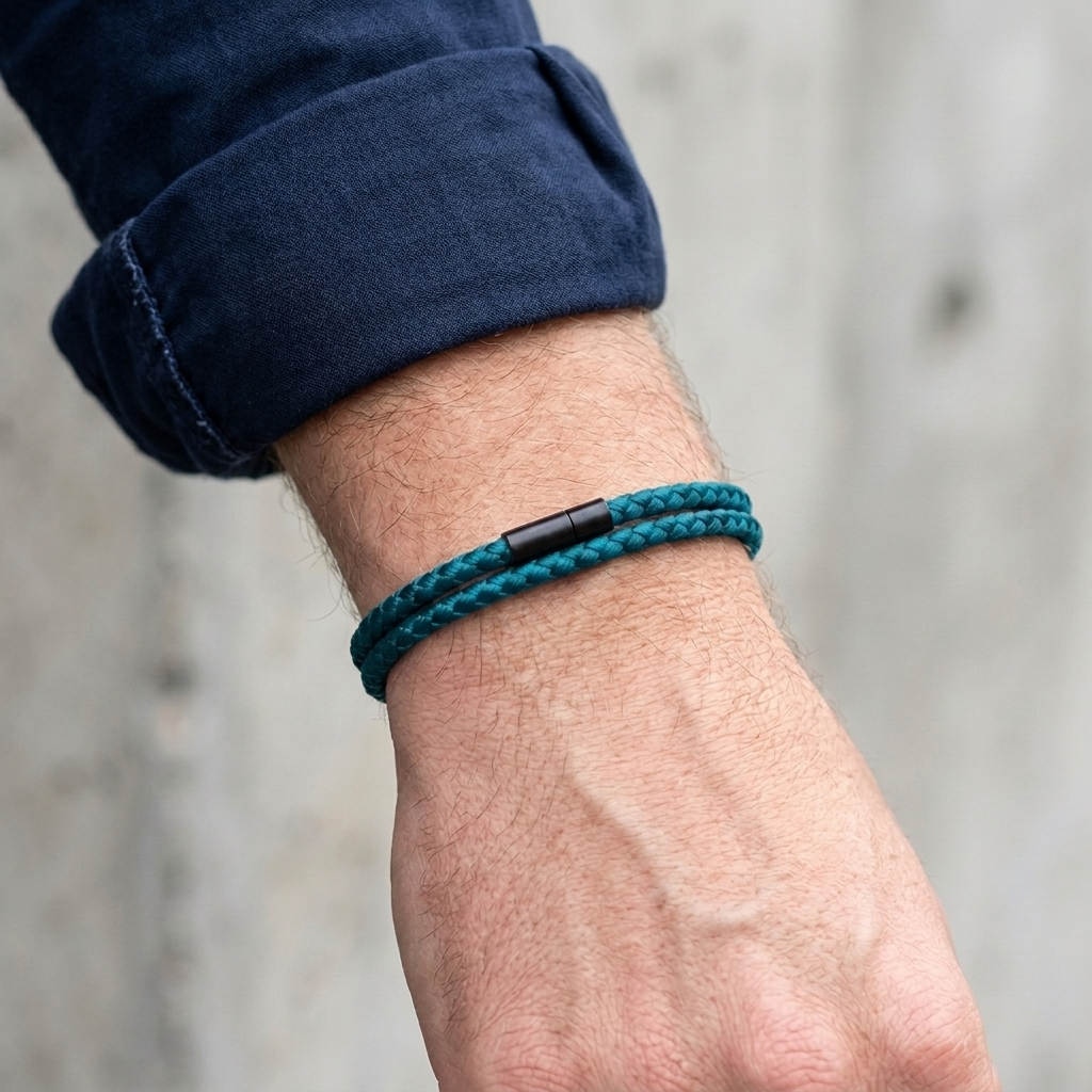 Bracelet homme bleu paon porté au poignet, deux rangs de cordon tressé