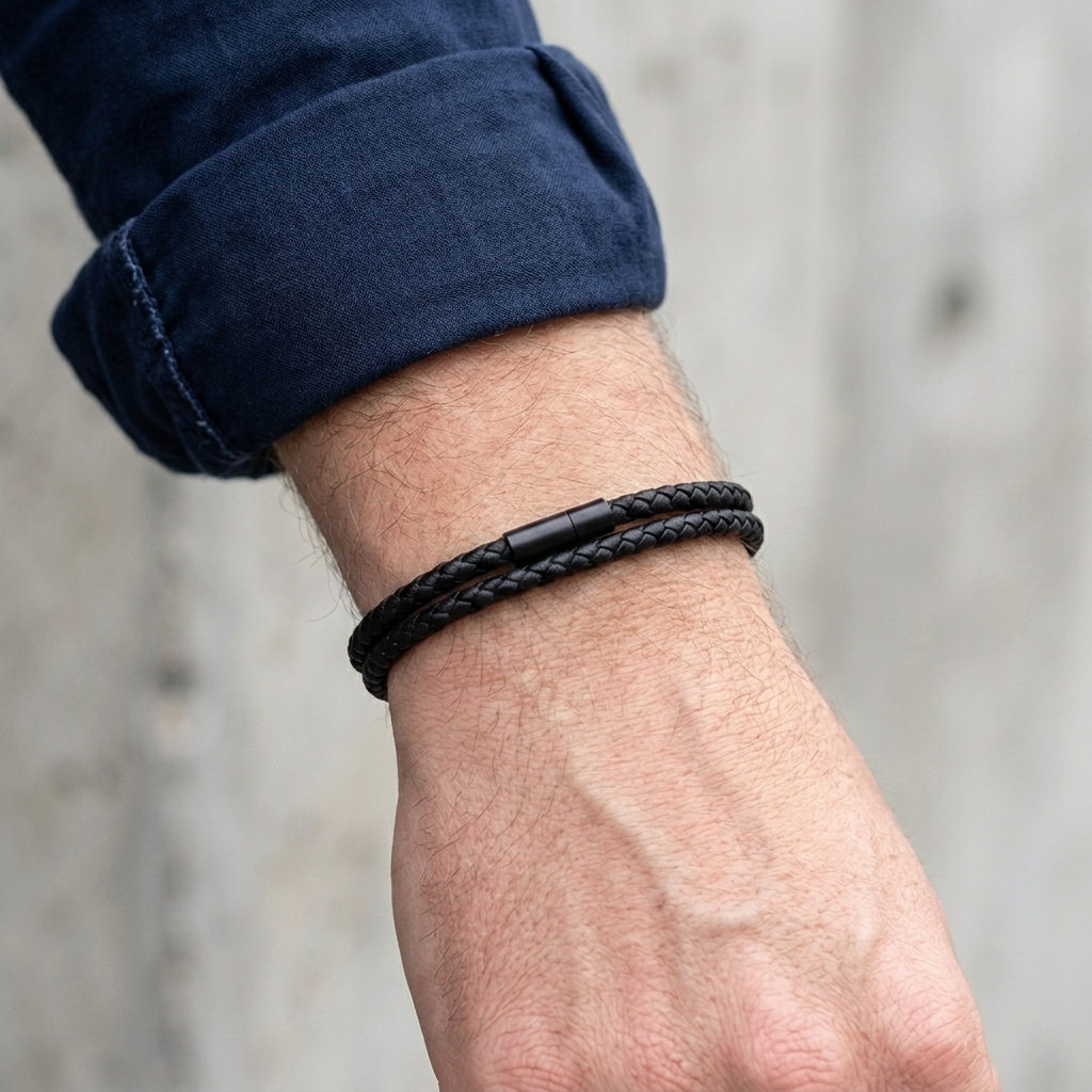 Bracelet homme noir porté au poignet, deux rangs de cordon tressé