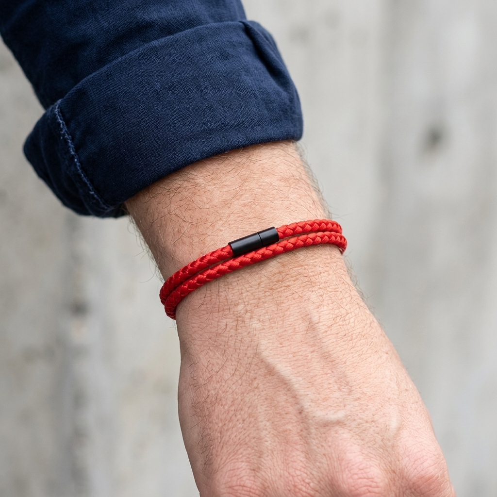 Bracelet rouge homme porté au poignet, deux rangs de cordon tressé et fermoir noir