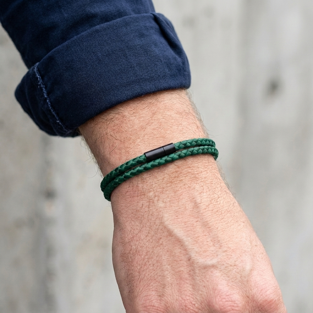 Bracelet homme vert sapin porté au poignet, deux rangs de cordon tressé