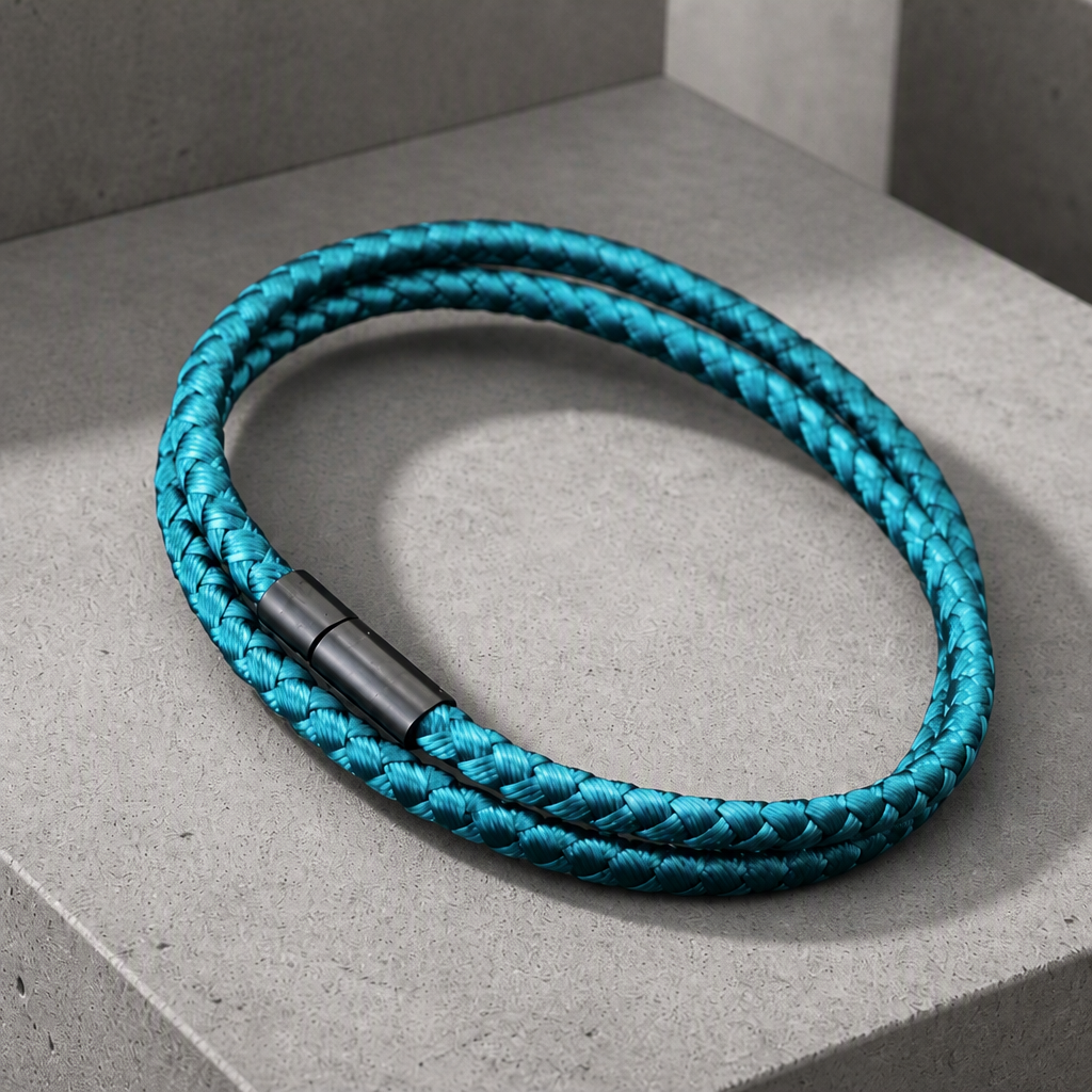Bracelet homme double rang en cordon bleu paon tressé et fermoir tubulaire noir