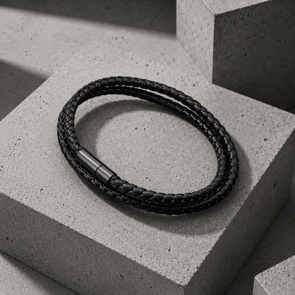 Bracelet homme double rang en cordon noir tressé et fermoir tubulaire noir