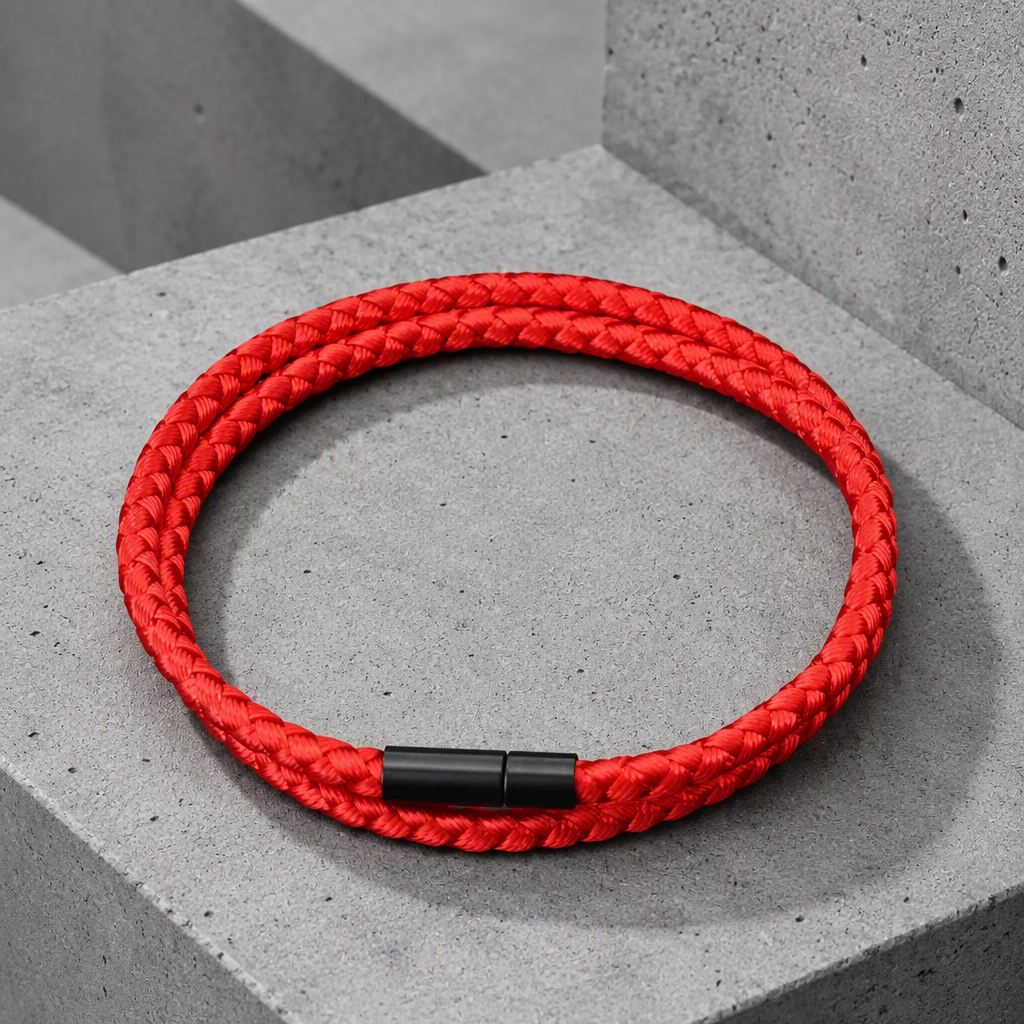Bracelet rouge homme double rang en cordon de nylon tressé, fermoir tubulaire noir, posé sur du béton
