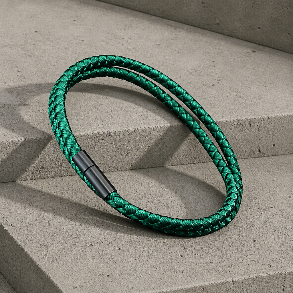 Bracelet homme double rang en cordon vert sapin tressé et fermoir tubulaire noir