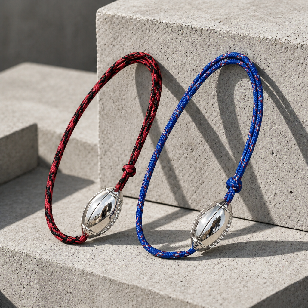 Bracelet rugby homme, duo de cordons bleu et rouge à ballon ovale argenté