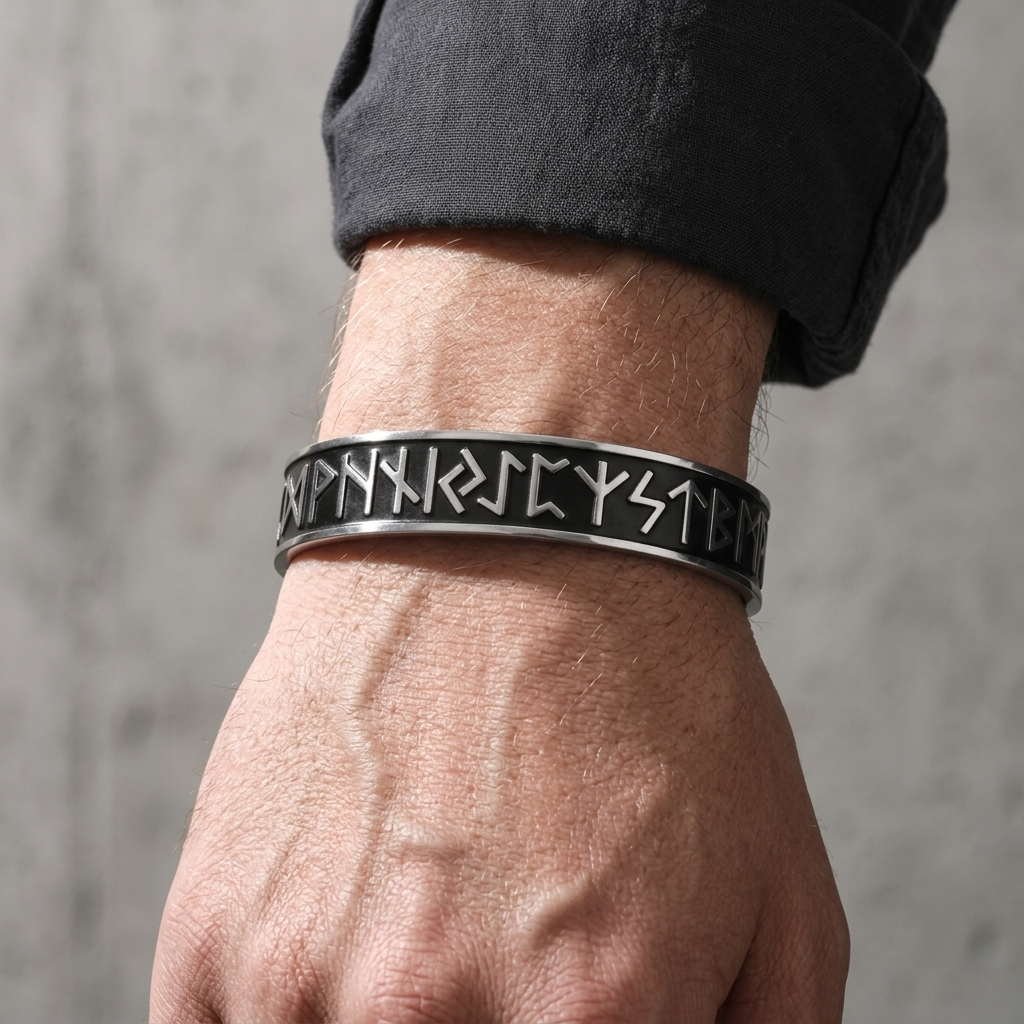 Bracelet scandinave homme porté au poignet, jonc ouvert en acier à runes