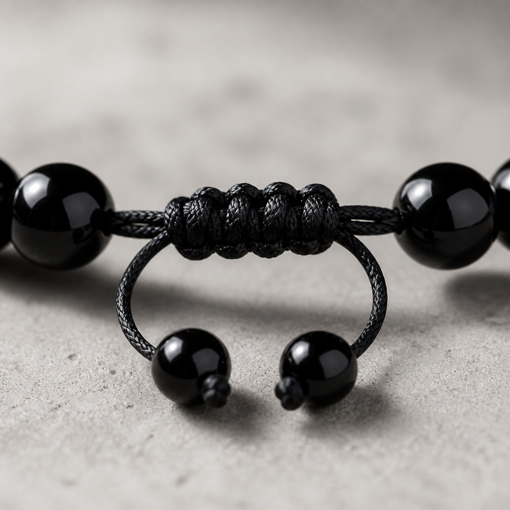 Macro du nœud coulissant tressé et de ses deux perles d'arrêt